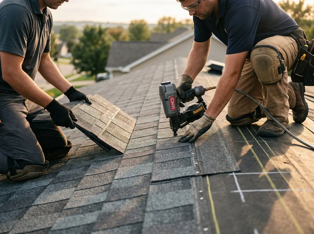 Professional roofer working on a residential roof in Sausalito